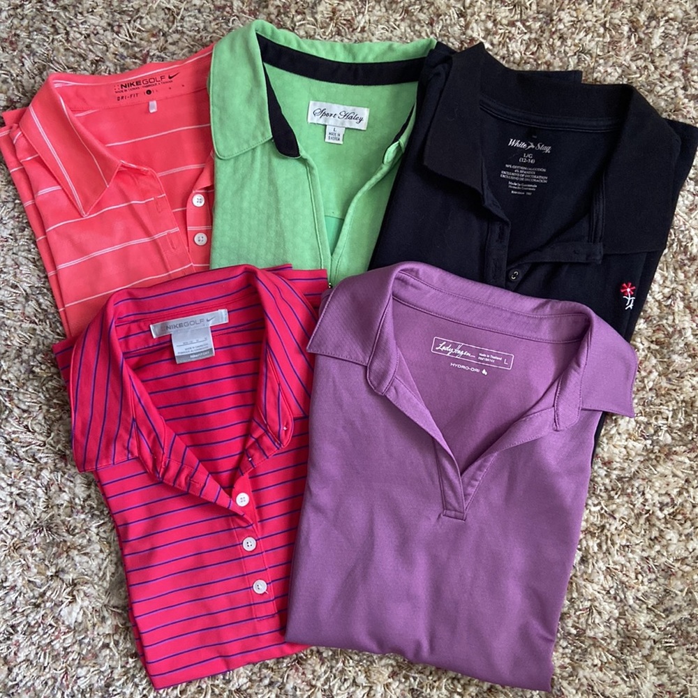 5 GOLF SHIRT LOT—SIZE L, (includes one M that fits like a Large)